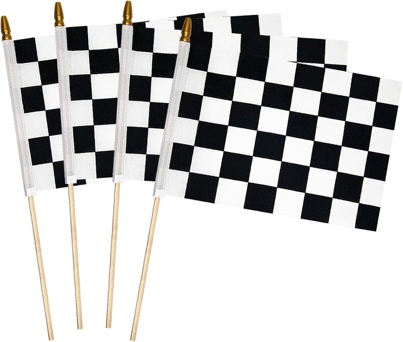 Uelfbaby 4 Pcs 8×12 inch Checkered Flag, Black and White Racing Flag on Wood Stick - Hand Held Stick with Kid-Safe Spear Top, Children's Party Decoration - Image 1